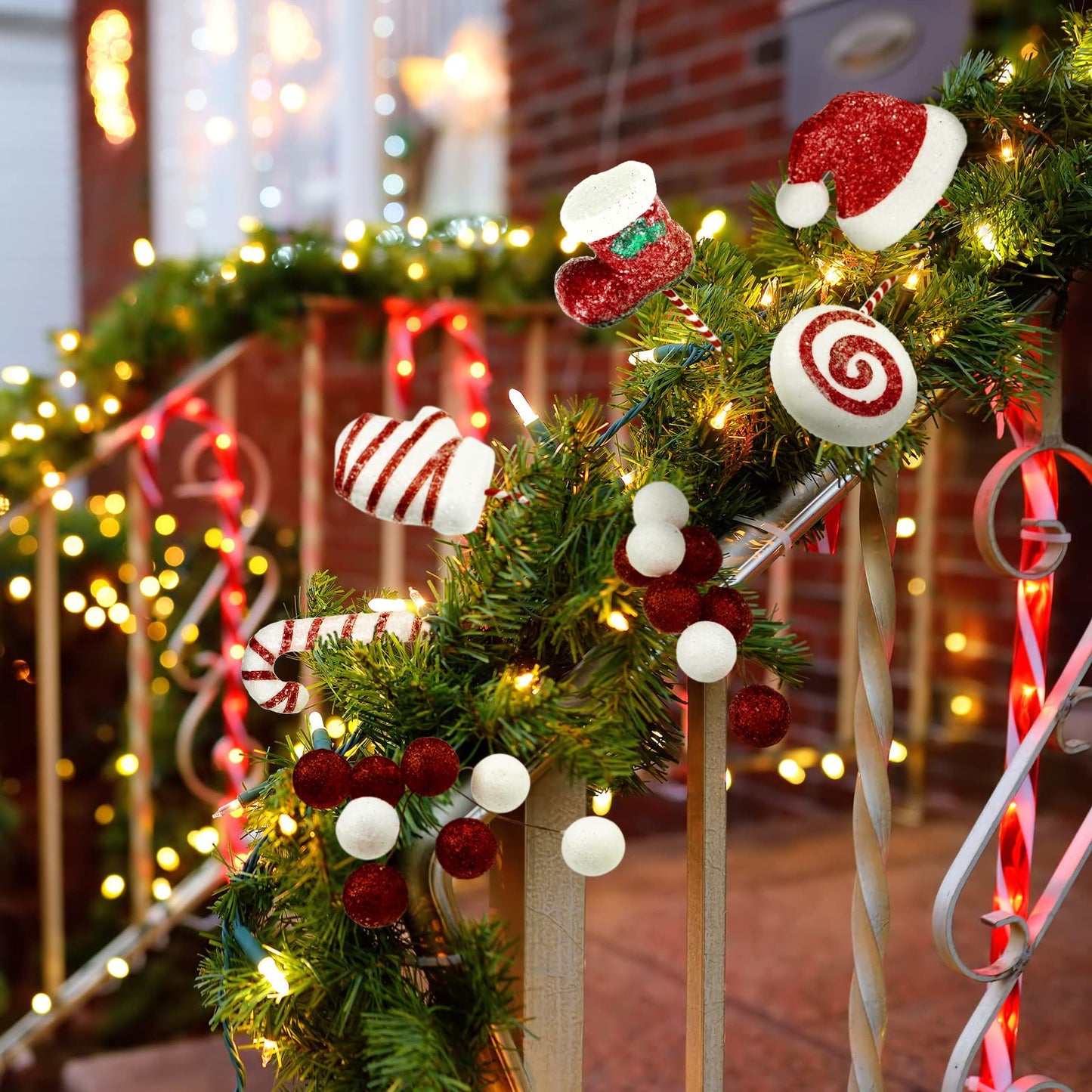 12 Pcs Christmas Candy Cane Ornaments Set Christmas Picks Glitter Lollipop Santa Hat Gloves Berries Boots Decoration with Red and White Stripes for Xmas Tree Wreath Party Supplies Vase Filler Crafts