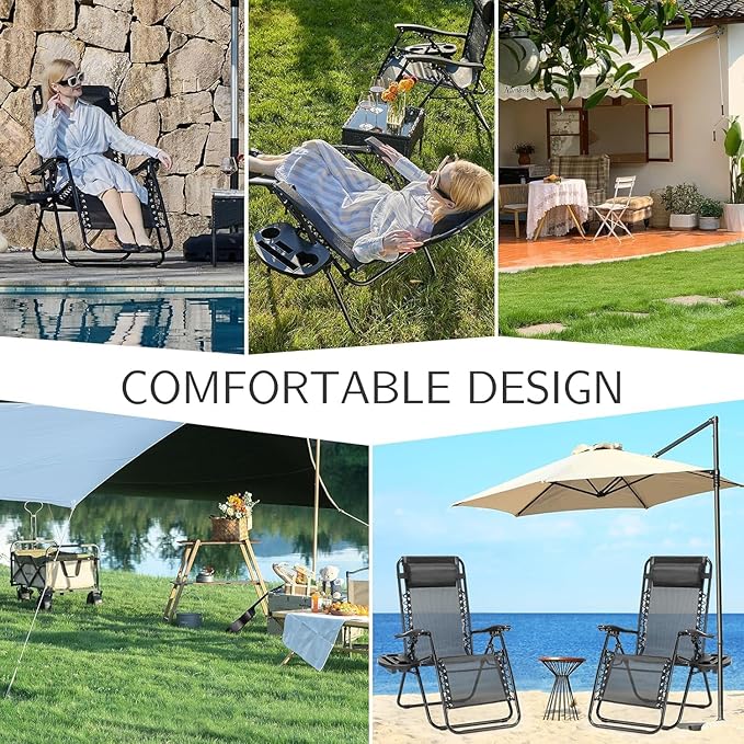 Sweetcrispy Zero Gravity Chairs, Set of 4 Portable Recliner Beach Camping Patio Outdoor Folding Lounge Chair with Cup Holder Trays and Adjustable Pillow for Poolside, Garden, Backyard, Lawn (Black)