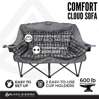Black Sierra Double Loveseat Comfort Camping Couch, Oversized Folding Chair for Adults, 600‑lb Capacity, Plush Padded Heavy Duty Outdoor Seat with Cup Holders & Carry Bag for Beach, RV