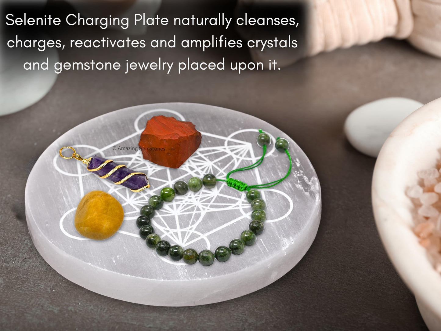 Amazing Gemstone Selenite Crystal Charging Plate for Crystals and Healing Stones, 4" Selenite Crystal Plate Engraved Metatron Cube Coaster for Home, Office Table Decor (Selenite Round Disc)