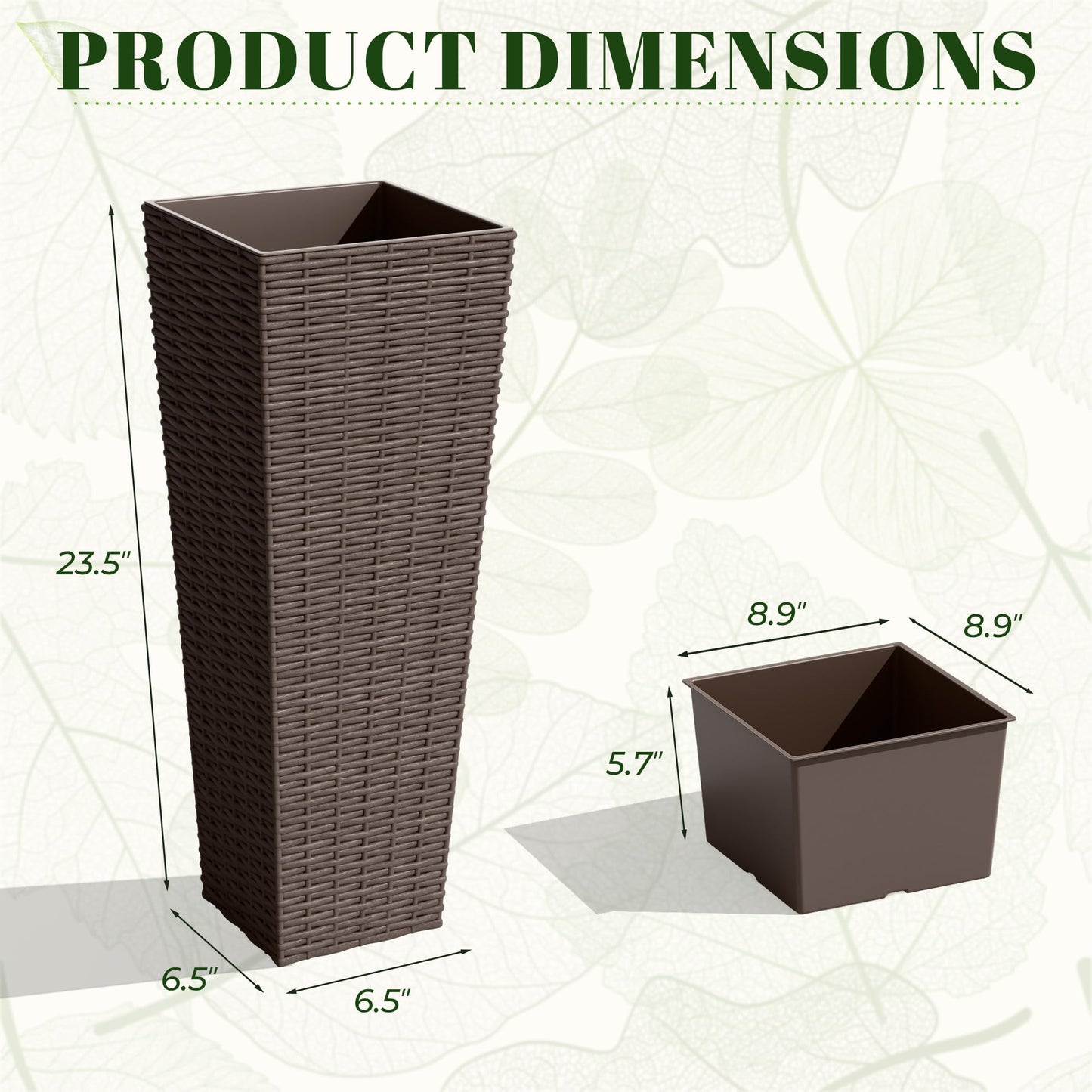 JUMMICO Set of 2 Resin Rattan Tall Planters for Outdoor Plants, Large Tapered Planters with Drainage Holes&Inner Trays, Flower Pots for Garden, Patio, Porch, Backyard (Brown, 24'')