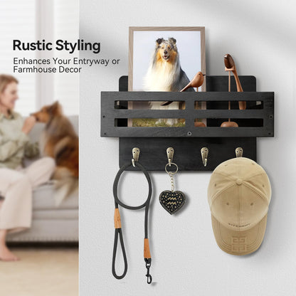KISENG Key Holder Wall Mount, 10 inch Decorative Key and Mail Holder for Wall, with Mail Organizer & 4 Key Hooks, Rustic Wooden Key Rack for Hanging Dog Leash Sunglasses, Entryway Key Hanger, Black