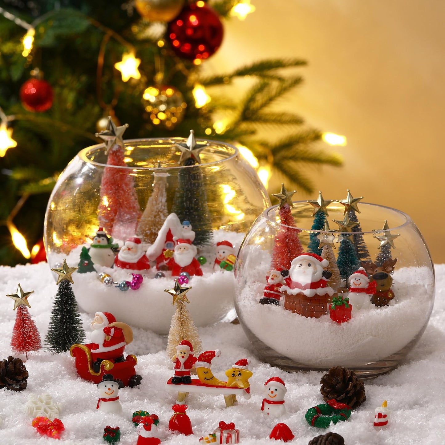 Roowest 96 Pcs Miniature Ornaments for Snow Globe Kit DIY Christmas Village Decoration Christmas Figurines Mini Ornaments with Snowman Reindeer Santa Claus Snowflake(DarkGreen Teal Beige Sliver Pink)