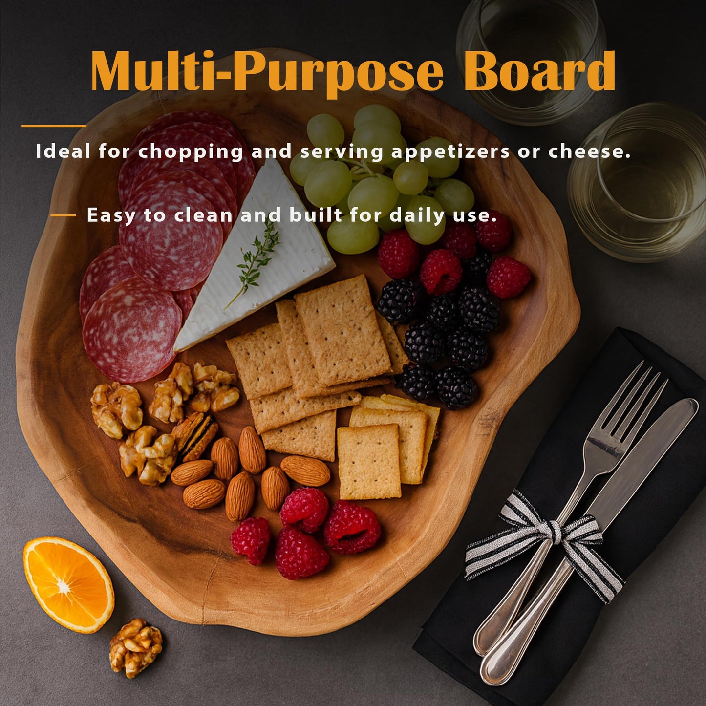 GoCraft Acacia Wood Butcher Block Serving Platter – 12 x 10 Inches Thick Wooden Charcuterie Board, Rustic Cheese Tray, Food Prep and Display Tray for Kitchen, Parties & Farmhouse Décor