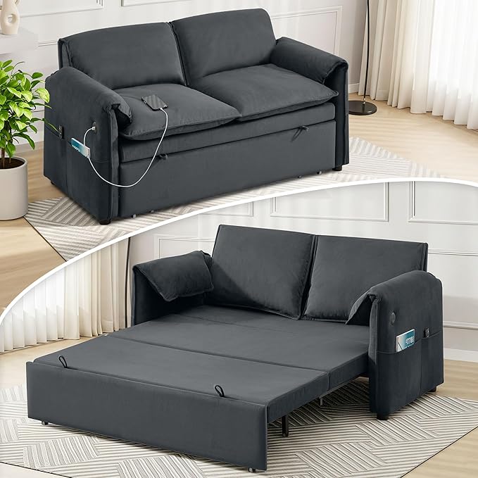 63" Velvet Convertible Sleeper Loveseat Sofa Bed, Pull Out Couch Bed