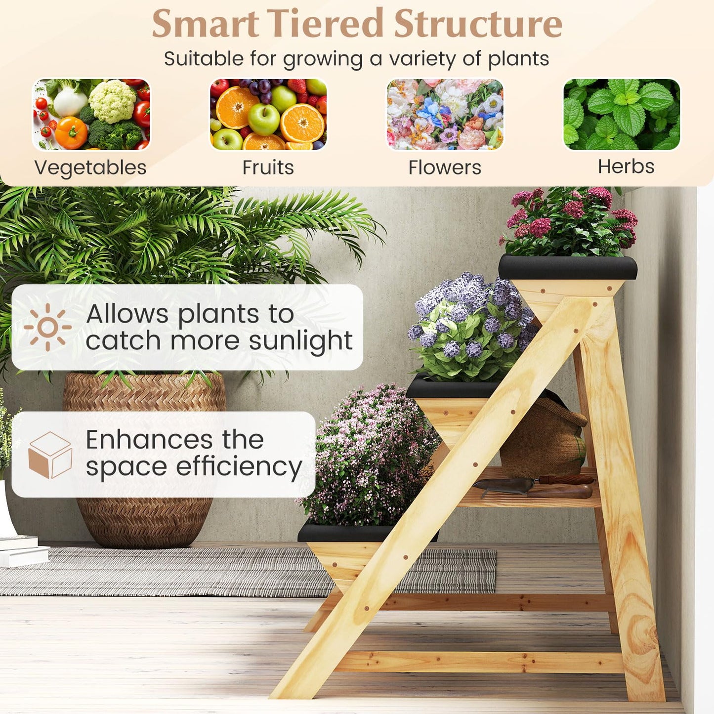 Giantex 3-Tier Vertical Raised Garden Bed, Wood Elevated Planter Box with Legs, Storage Shelf, Liners for Growing Vegetables Herbs Flowers, Indoor Outdoor Freestanding Raised Bed for Patio (Natural)