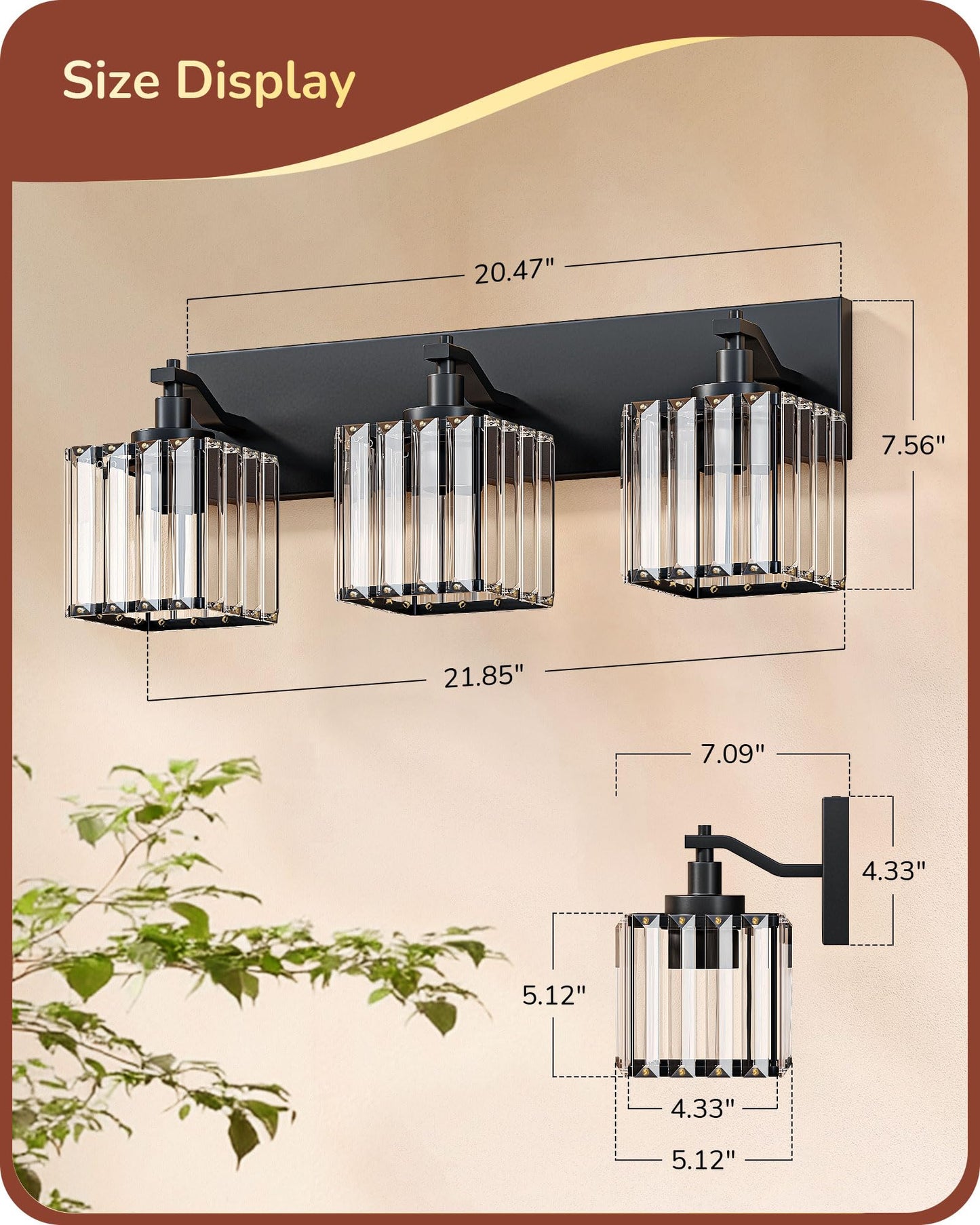 EDISHINE Bathroom Vanity Light Fixtures, 3-Light 20.47'' Crystal Bathroom Lighting Fixtures Over Mirror, Modern Wall Sconce for Powder Room, Bedroom, E26 Base, Black