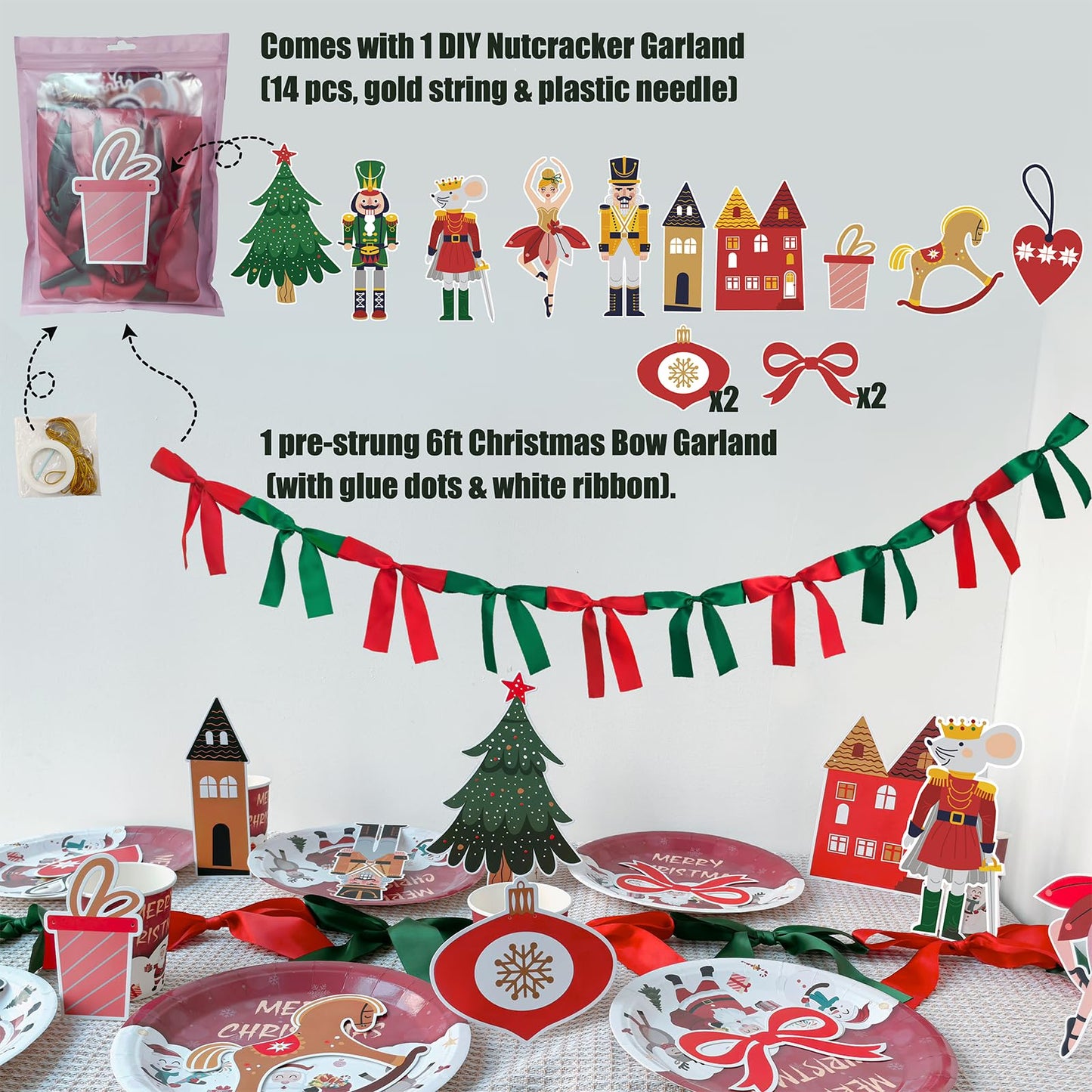 Eanjia Nutcracker Ballet Christmas Banner | Pack of 2|6ft Pre-Strung Satin Bow Garland Red & Green | 8ft DIY Paper Garland Mouse King,Tree, Bell,Castle Cutouts,for Xmas Hanging Sign Décor (Christmas)