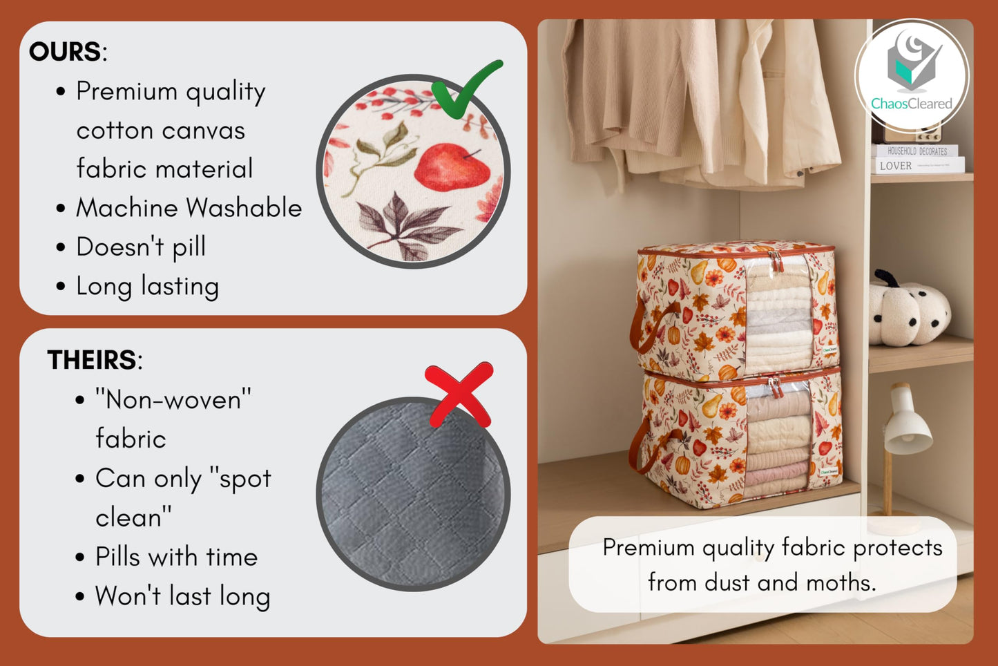 Chaos Cleared Canvas Storage Bags Designer Organizer 2 Pack – Seasonal Storage for Sweaters, Blankets, Linens & Garments – Foldable Design with Zip & Window (Autumn Print)
