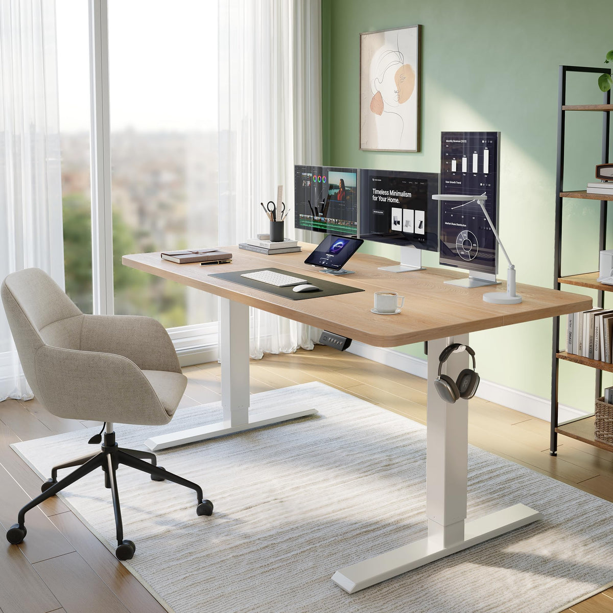CubiCubi Standing Desk, 63 x 28 Inches Electric Height Adjustable Computer Desk, Sit Stand up Home Office Desk with Memory Presets, Maple