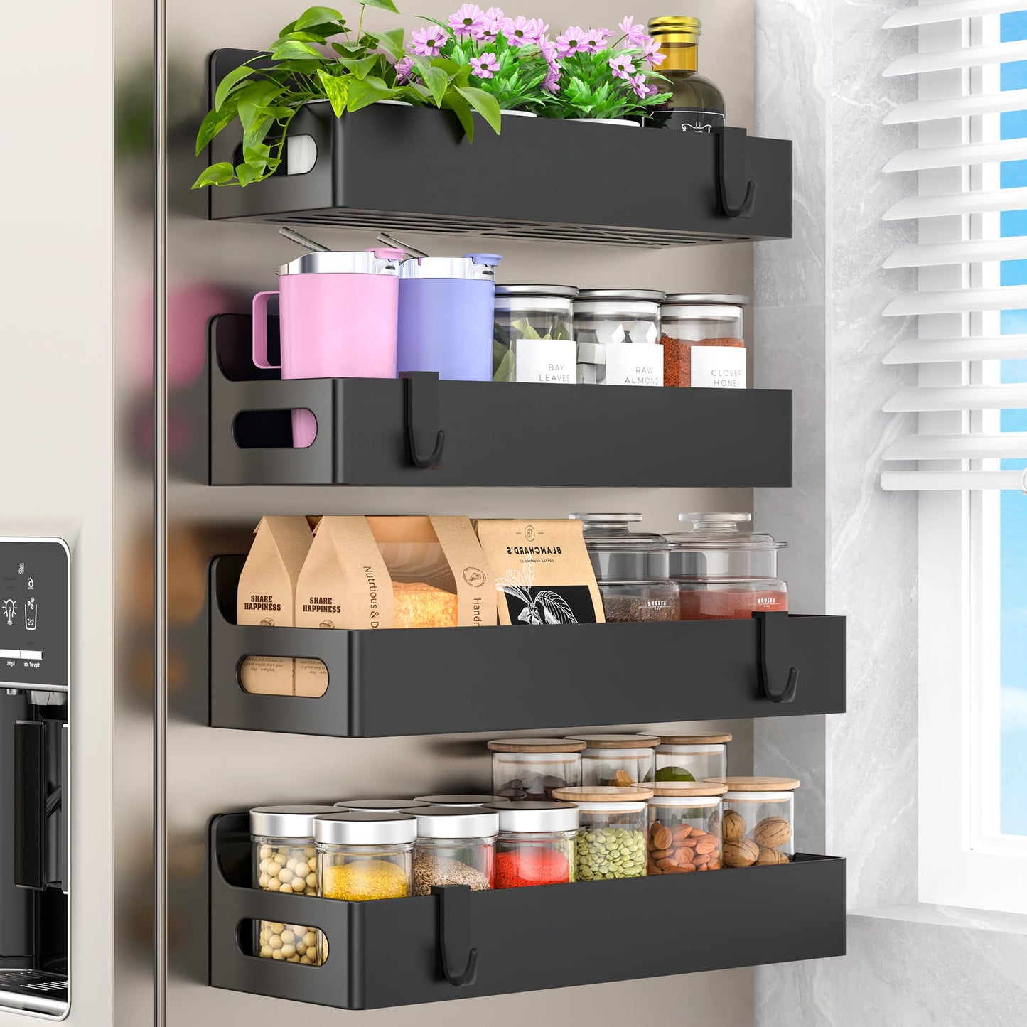 HuggieGems 4 Pack Magnetic Spice Seasoning Rack for Refrigerator, Magnetic Shelf Holder for Fridge with 4 Hooks for Kitchen Organization Storage, Black