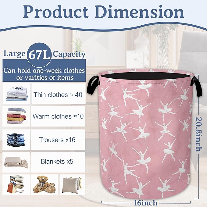 Cute Ballet Dancer Laundry Basket, Foldable Oxford Cloth Pink Laundry Hamper