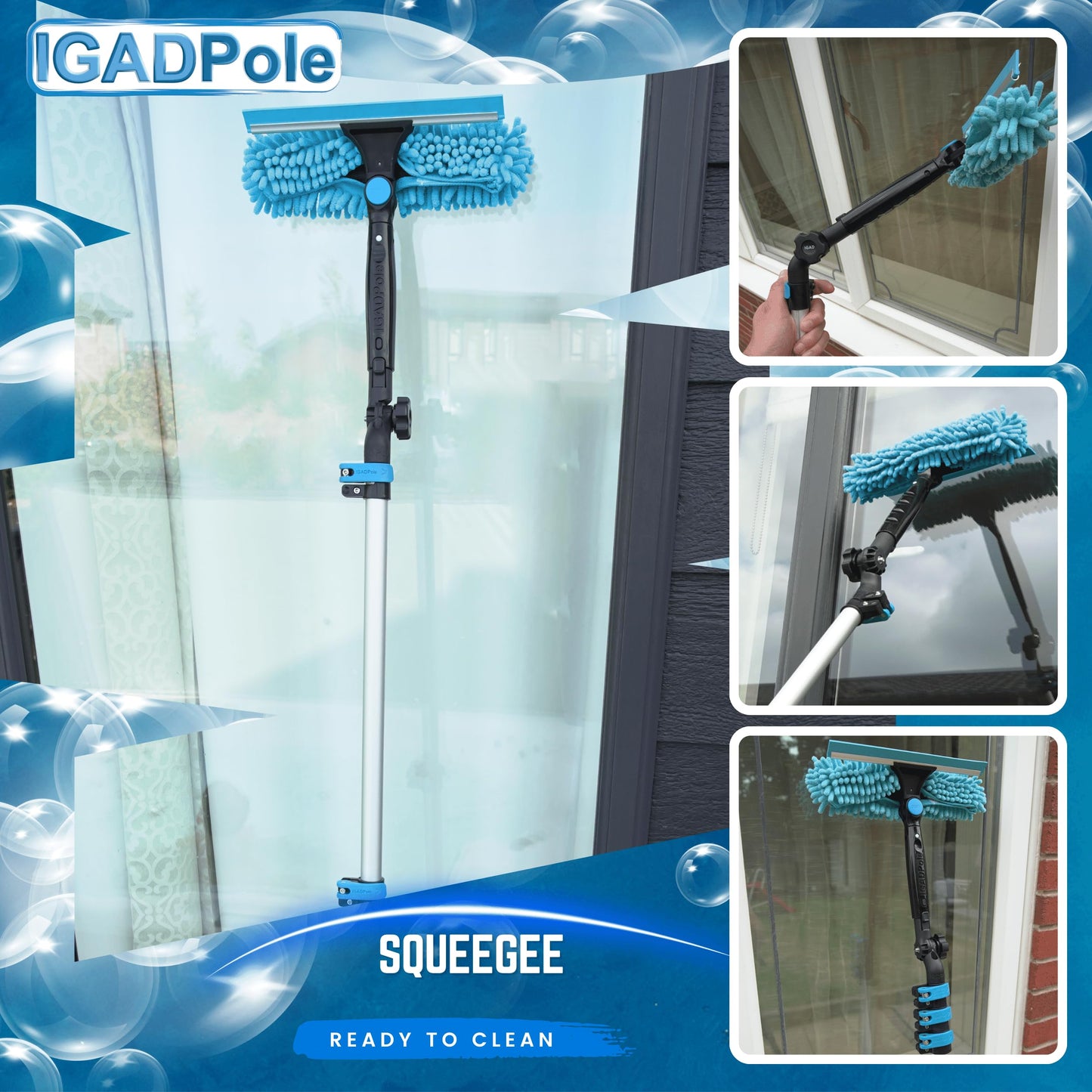 18ft Window Squeegee with Extension Pole, Window Cleaner Tool with 3-Stage Telescoping Pole, Window Cleaning Kit with 5-12ft Pole & Microfibre Cloths & Blades Replacements & Angle Adapter
