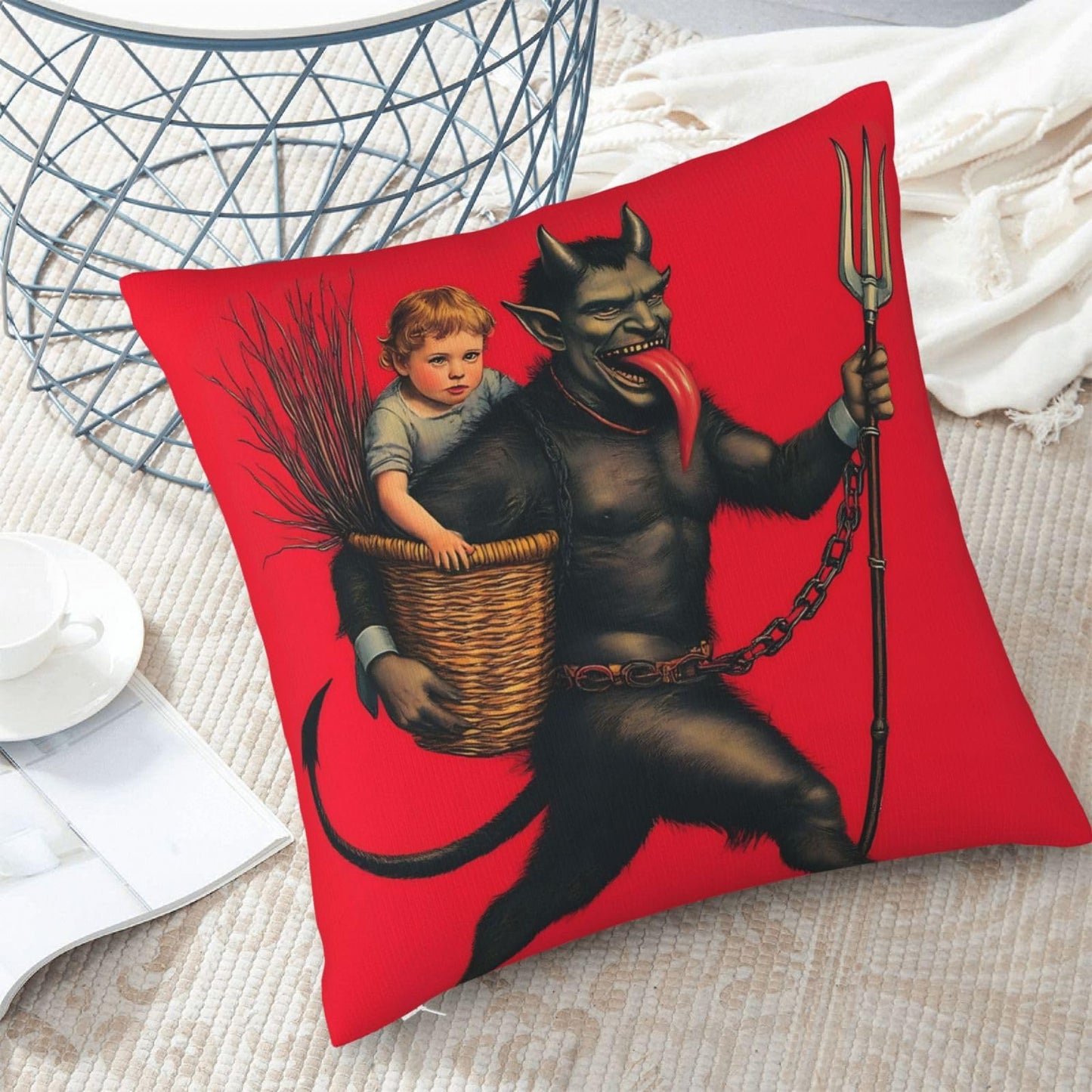 Yaateeh Krampus Christmas Folklore Red Throw Pillow Covers Decorative 18x18 Inch Pillowcase Square Cushion Cases for Home Sofa Bedroom Livingroom