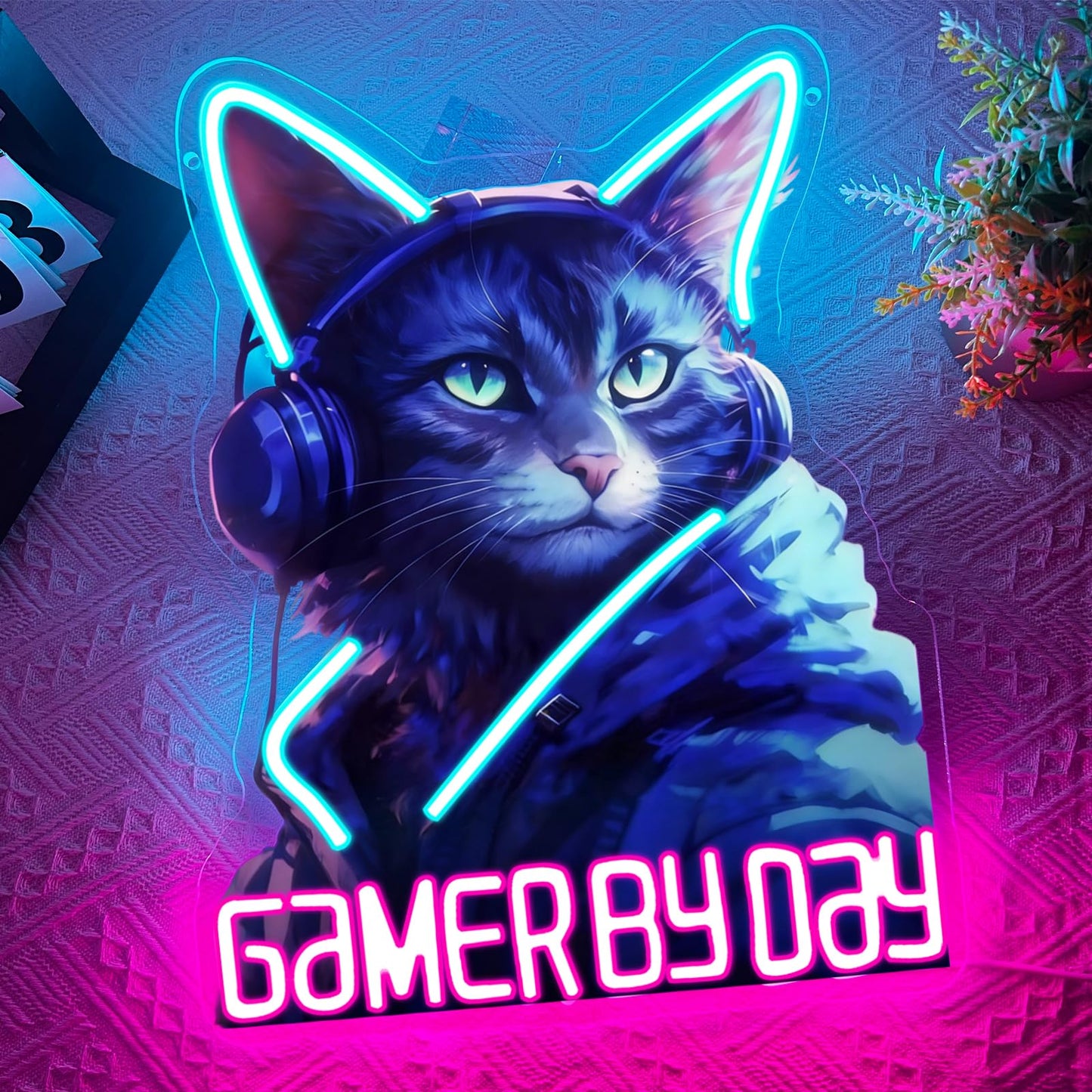 RuCvixkt Gamer By Day Cat Neon Sign, Cool Gaming Cat LED Light, Neon Signs Wall Decor for Game Room, Man Cave, Bedroom, Bar, Gift for Boys Girls Birthday Party Christmas