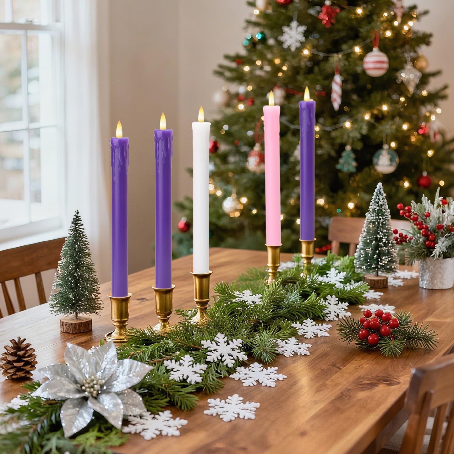 Lezonic Flameless Advent Candles Battery Operated with Remote, Set of 5 Wax Christmas Taper Nativity Candles, LED Advent Wreath Candles for Church Home Christian Decor, 3 Purple & 1 Pink & 1 White