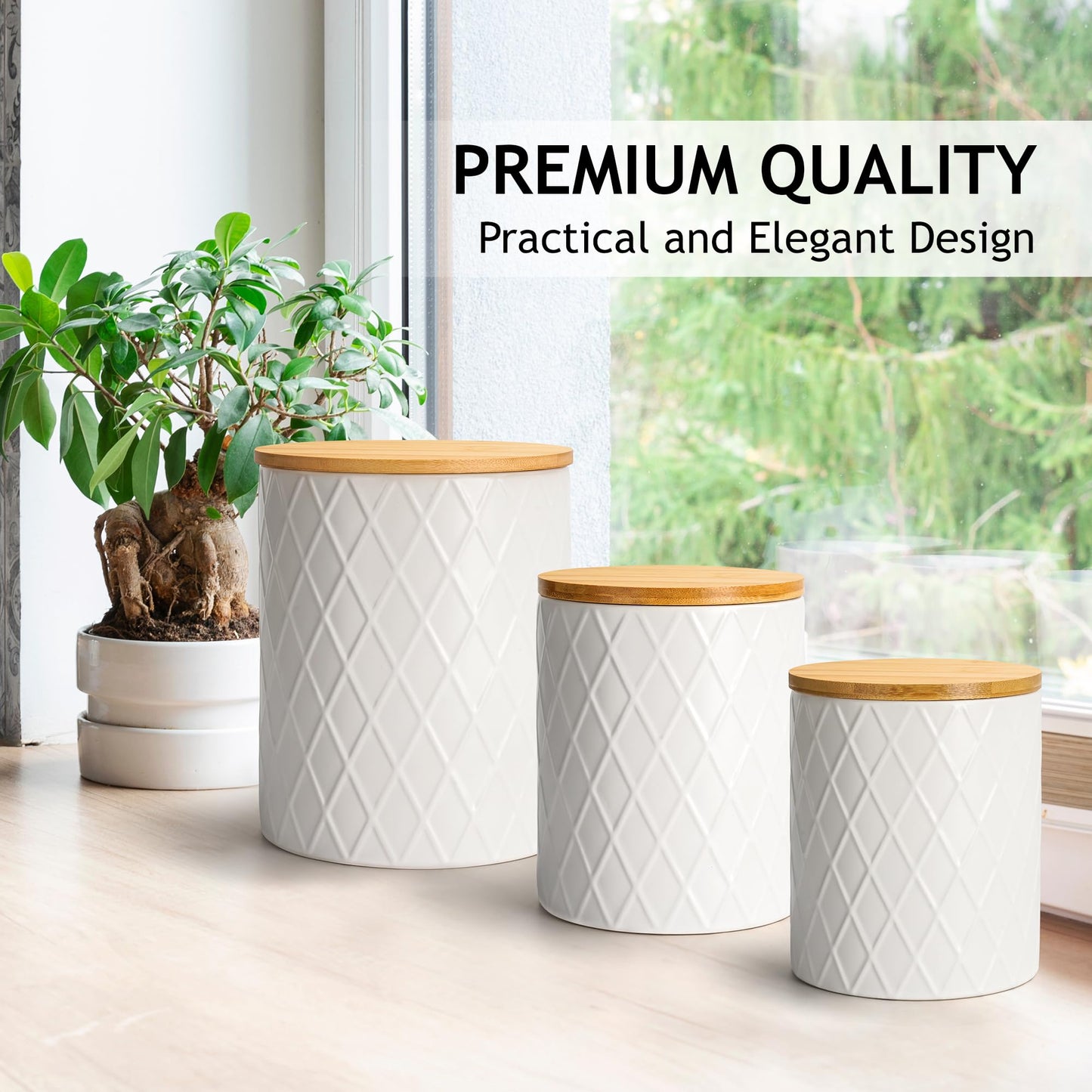 MIAMIO – Set of 3 Canister Sets for Kitchen Counter, Ceramic Kitchen Canister Set with Airtight Seal Wooden Lid - Perfect for Coffee, Tea, Sugar, Flour, Tea, Salt and More