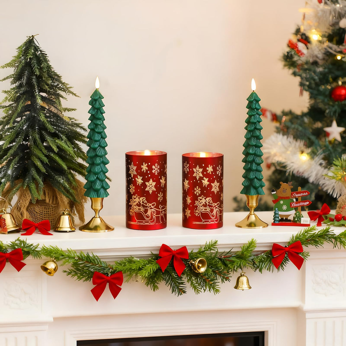 Lezonic Christmas Flameless Candles with Remote, Green Christmas Tree Flickering Battery Operated Window Candlesticks, Red Glass Xmas New Year Decorations Gifts, Set of 4 Real Wax LED Candles