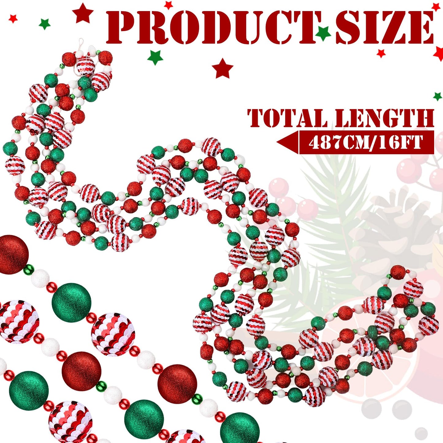 Jetec 16 ft Candyland Christmas Tree Beaded Garland Red Green White Peppermint Sequin Ball Garland Ornament Hanging for Christmas Tree Fireplace Retro Party Decorations