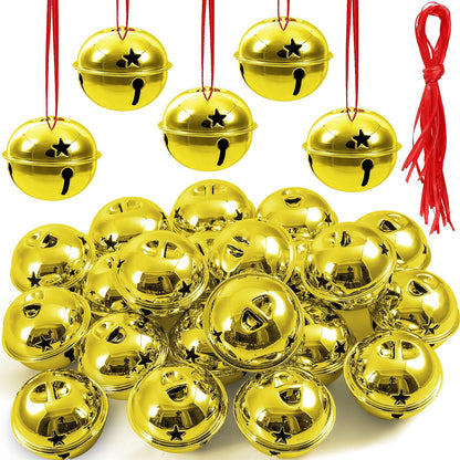 20 Pcs Gold Large Jingle Bells Ornaments Gifts Bulk -2 Inch Metal Craft Christmas Believe Bell and Red Ribbon for Christmas Tree Decoration Party Gifts Festival Wedding Ornament (Gold-20 pcs-2 inch)