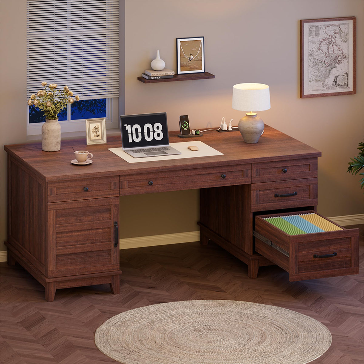Garvee 60" Wooden Home Office Desk with File Drawers, Executive Desk with Adjustable Cabinet, Farmhouse Wood Desk with Power Outlet, Distressed Study and Work Table, Rustic Brown