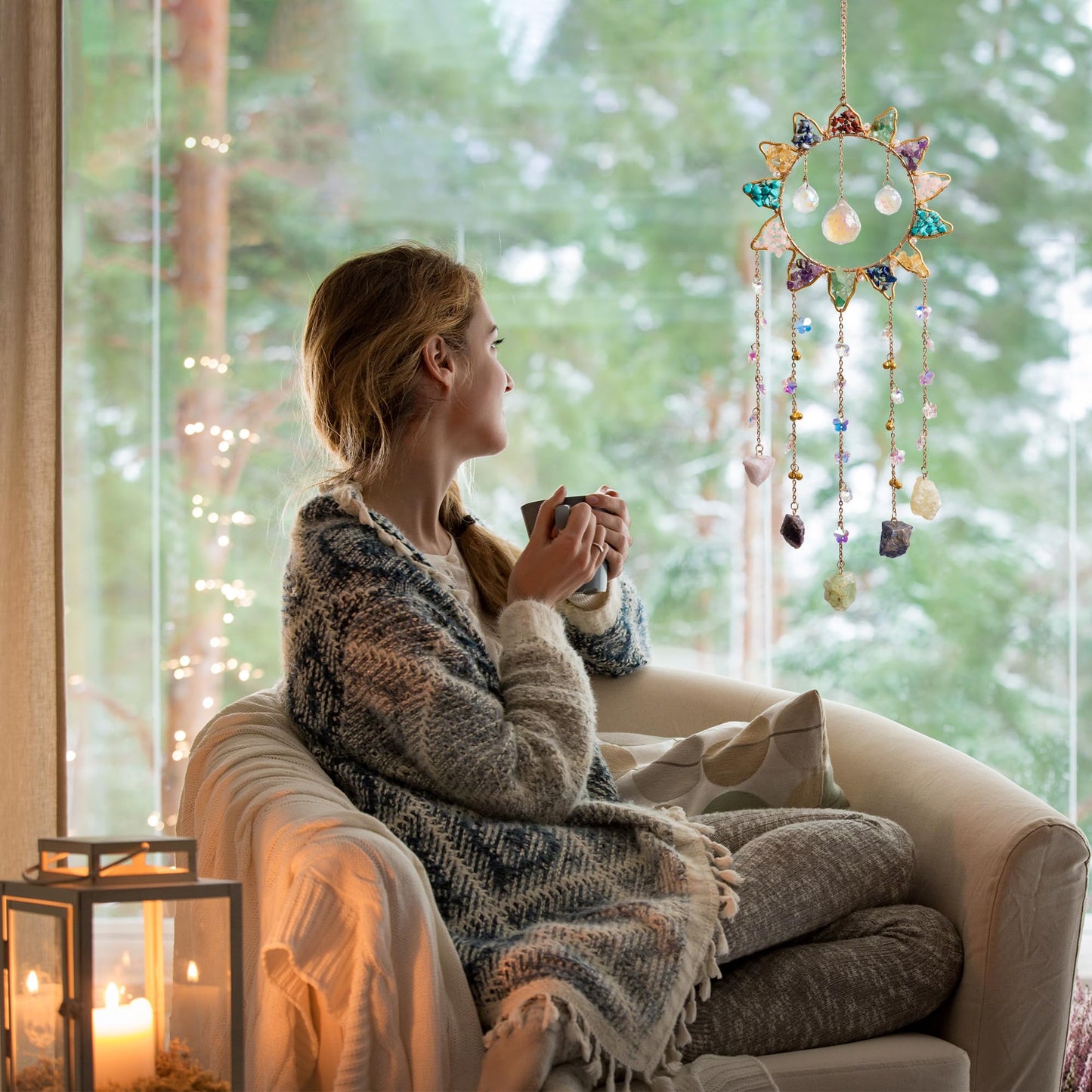 Tree of Life Crystal Sun Catcher Hanging Decor, Handmade Gift for Wall and Window with 3 K9 Crystal Prism Balls & Natural Crystal Stone, Rainbow Maker Decor Ornament for Home, Bedroom, Balcony