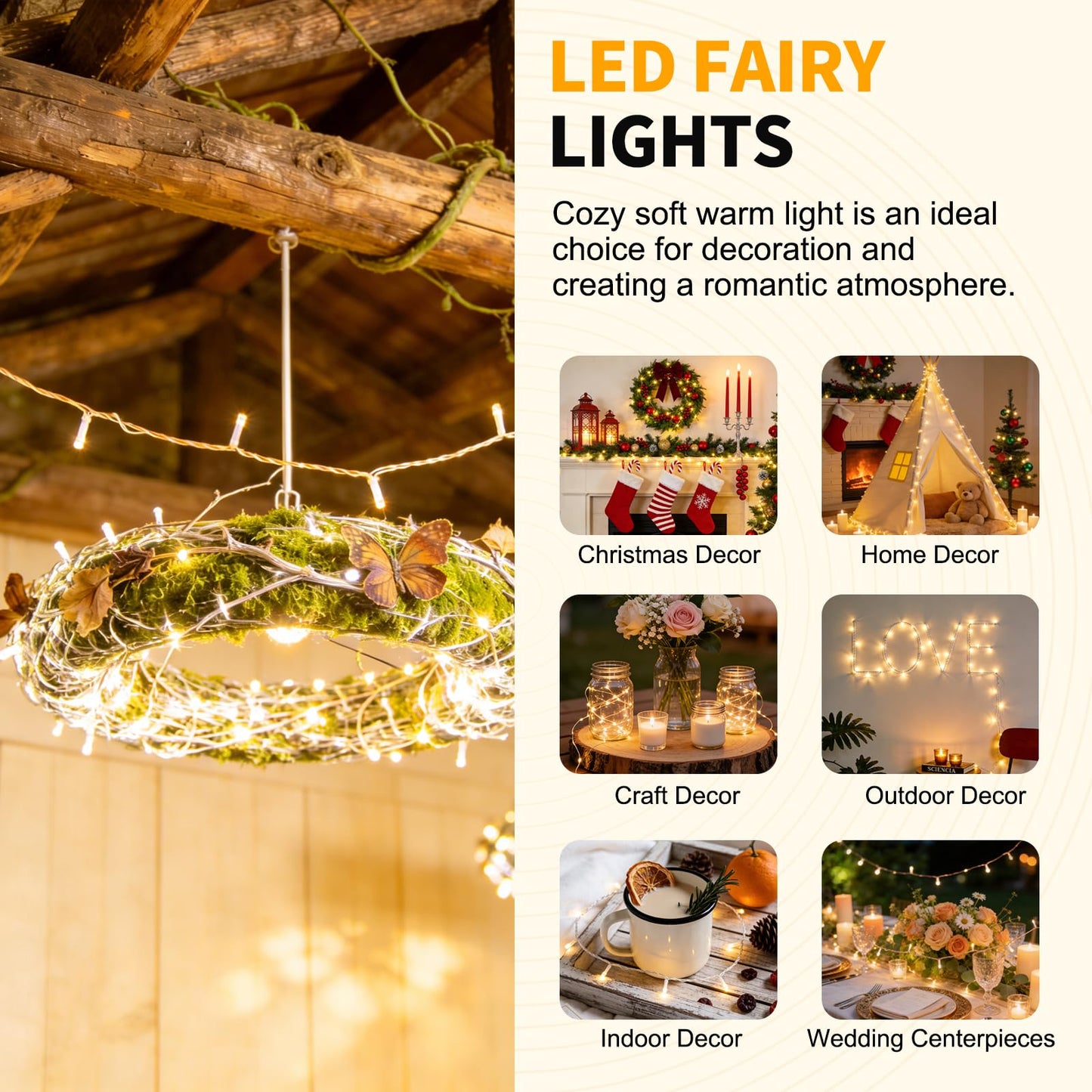 LUMLLSAJI 100 LED Fairy Lights 33 ft LED Twinkle Lights 8 Modes Plug-in with Memory Function White String Light for Bedroom Xmas Tree Wreath Patio Party Spring Outdoor Christmas Decor