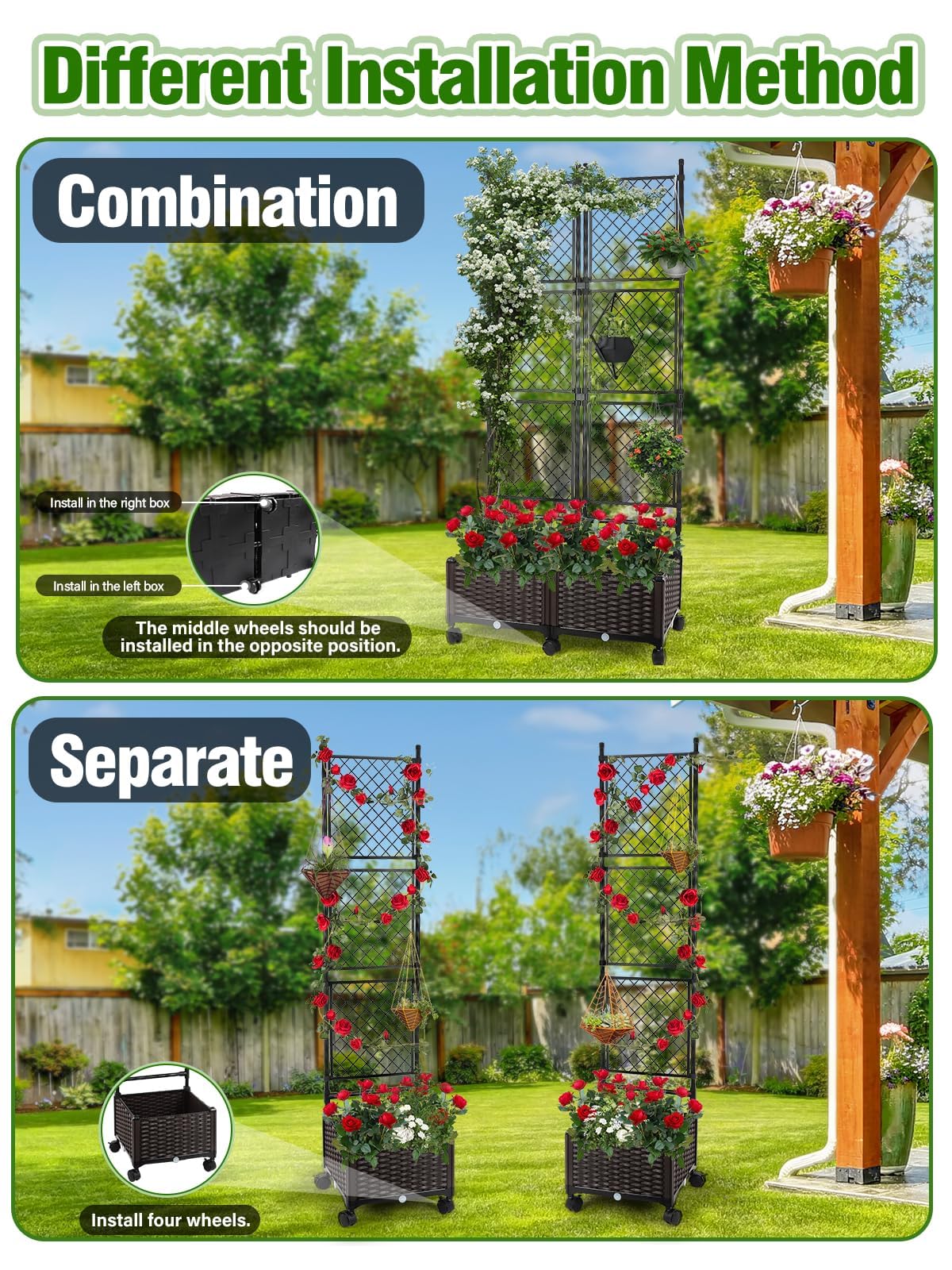 Kalolary 170CM Raised Garden Bed with Metal Trellis, Large Plastic Planter Box with Drainage Hole on Wheels Tomato Planters Climbing Trellis Outdoor Indoor for Climbing Plants Vegetable Flowers Vine