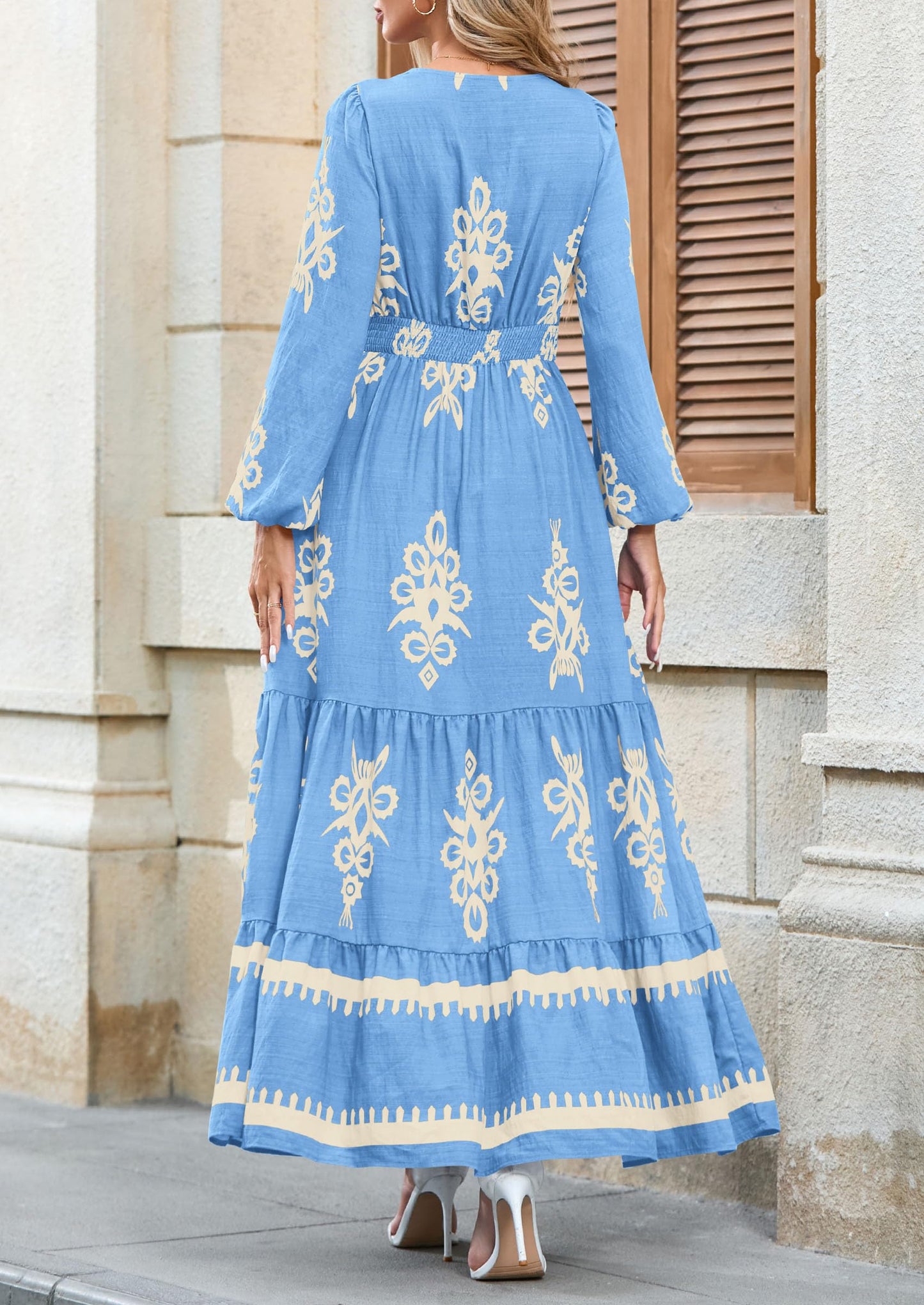 PRETTYGARDEN Women's 2025 Fall Wedding Guest Dresses Boho Floral Long Sleeve V Neck Flowy Elegant Maxi Dress Beach Clothes