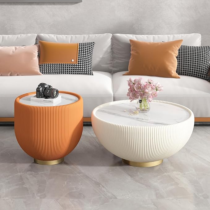 Henf Marble Round Side Table, 19.7" Fluted End Table