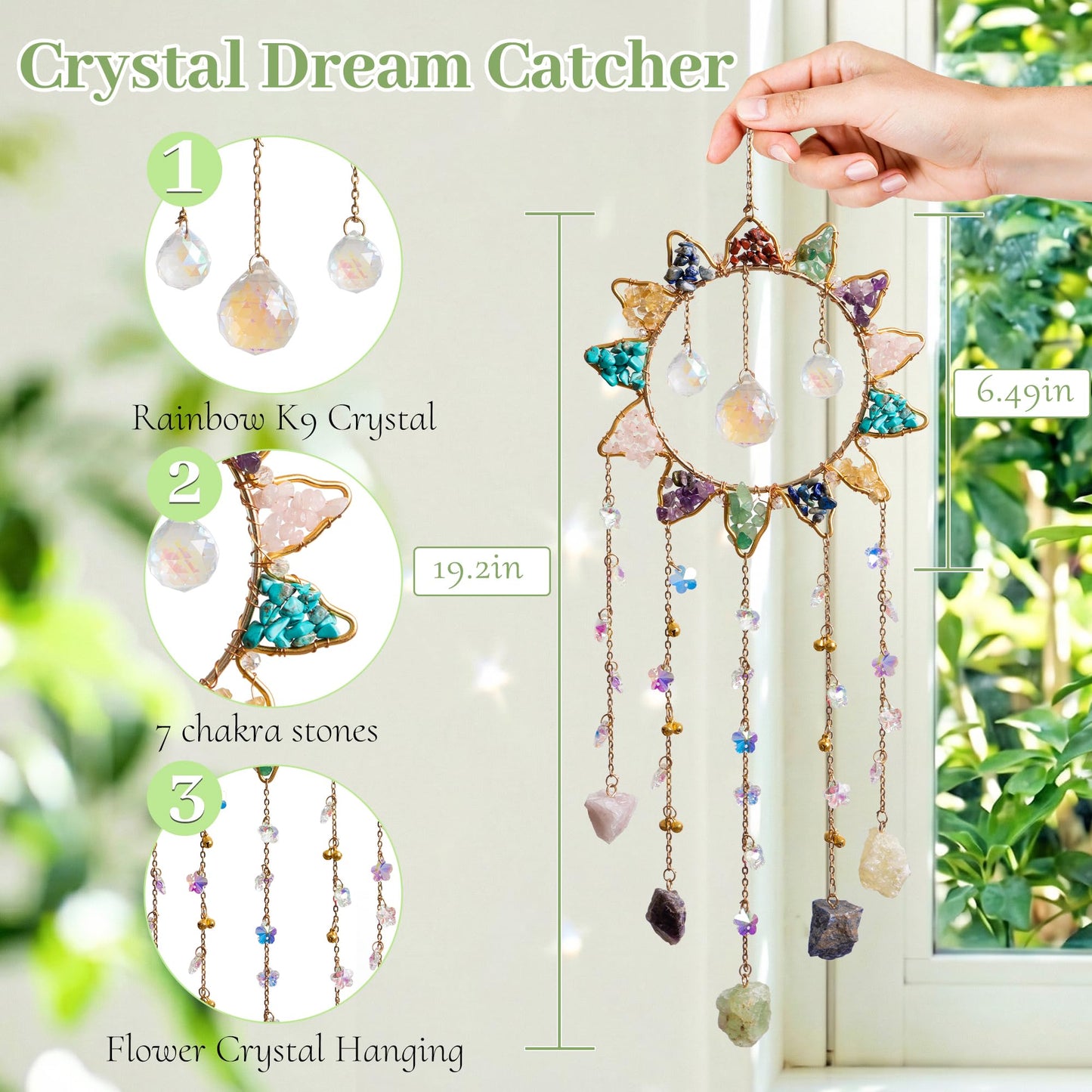Tree of Life Crystal Sun Catcher Hanging Decor, Handmade Gift for Wall and Window with 3 K9 Crystal Prism Balls & Natural Crystal Stone, Rainbow Maker Decor Ornament for Home, Bedroom, Balcony