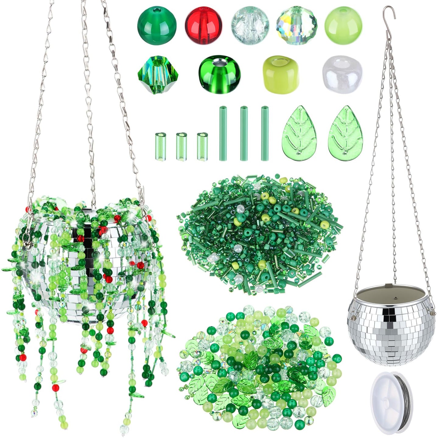 Potchen 1260 Pcs DIY Beaded and Planter Set, Glass Beaded Plant Making Kit with Hanging Rope Green Nature Series Colorful Crystal Leaf Jewelry Beads for Planer Crafts (Disco)