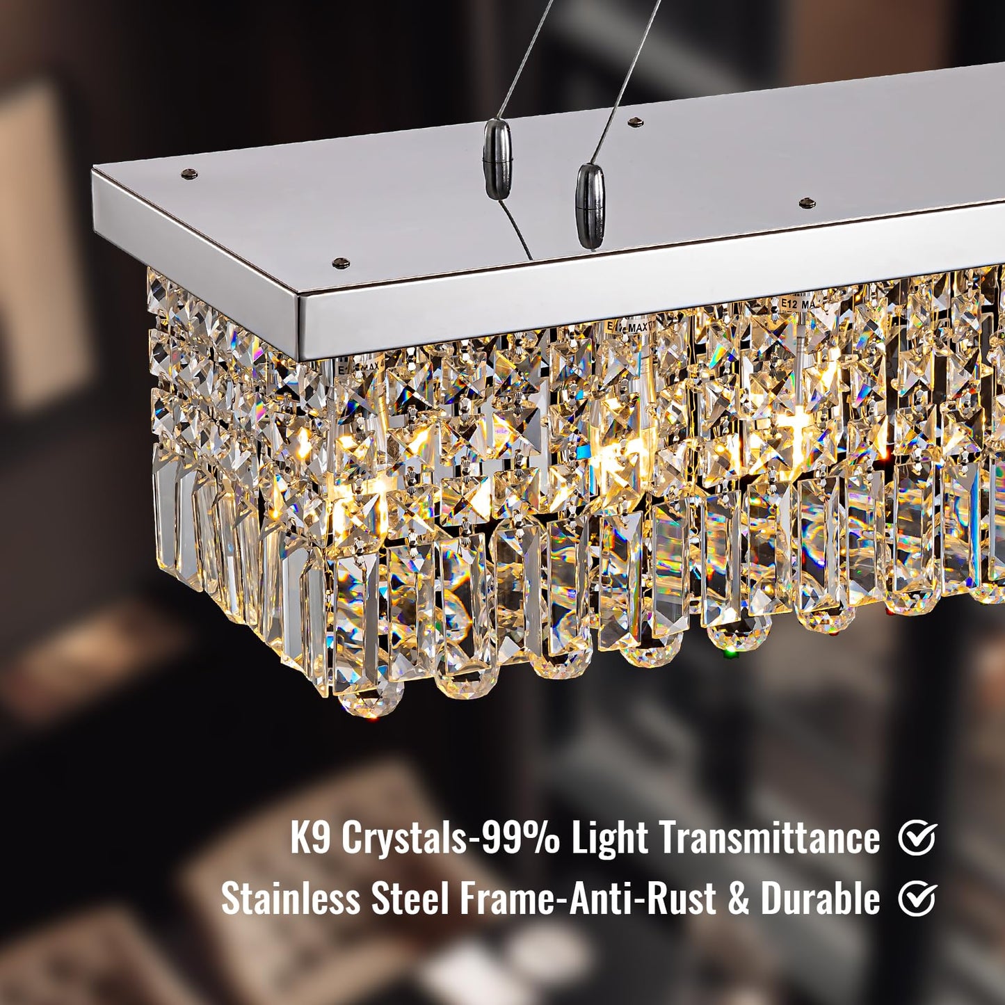 Tinkoso 59-inch Modern Crystal Chandelier,13-Light K9 Crystal Rectangle Chandelier for Dining Room,Kitchen Island Adjustable Hanging Pendant Light Fixture,Chrome Finish