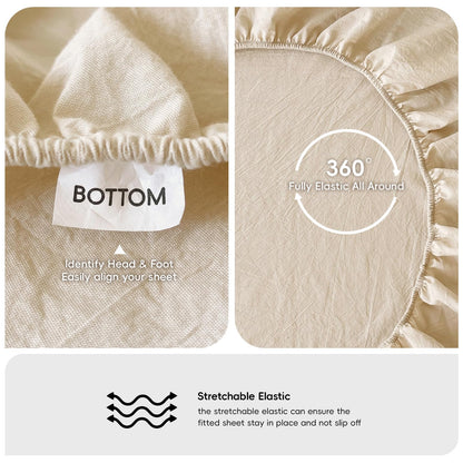 MooMee Fitted Bottom Sheet Only 100% Washed Cotton Linen Like Textured Breathable Durable Soft Comfy Deep Pocket Fits Mattress up to 17" (Almond Milk Grey, Queen)