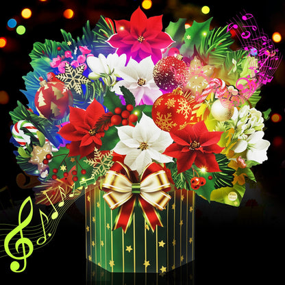 Yinqing Christmas Cards, Light and Music Merry Christmas Cards, 13 Inch Life Sized Forever Flower Bouquet 3D Pop Up Xmas Gift Card for Women Wife Mom Daughter Sister
