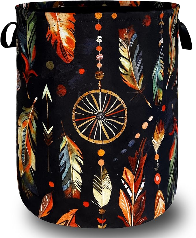 Boho Feather Printed Laundry Basket Foldable Oxford Cloth Colorful Laundry