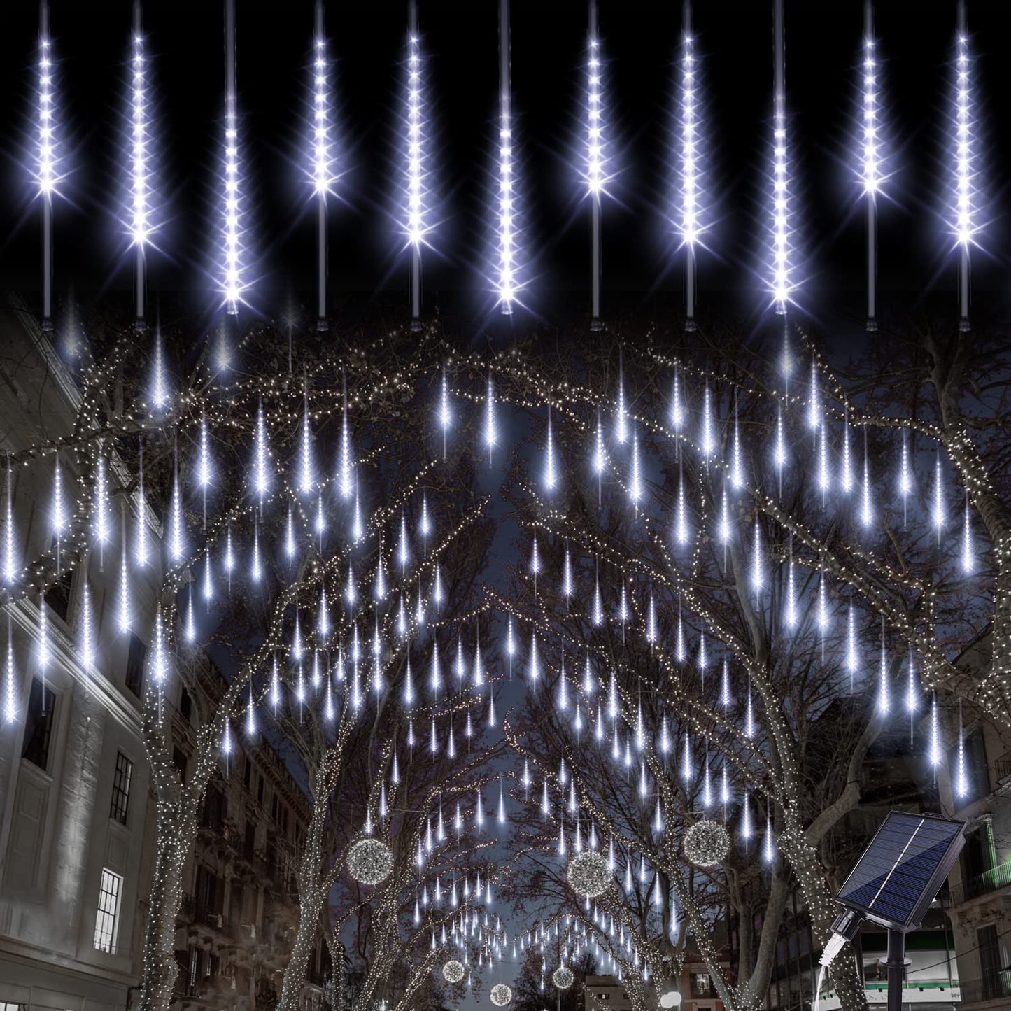Blingstar Meteor Shower Lights - 10 Tube 16 Inch 360 LED Solar Powered Waterproof Falling Rain Lights in Cool White - Perfect for Outdoor Christmas & Halloween Decoration