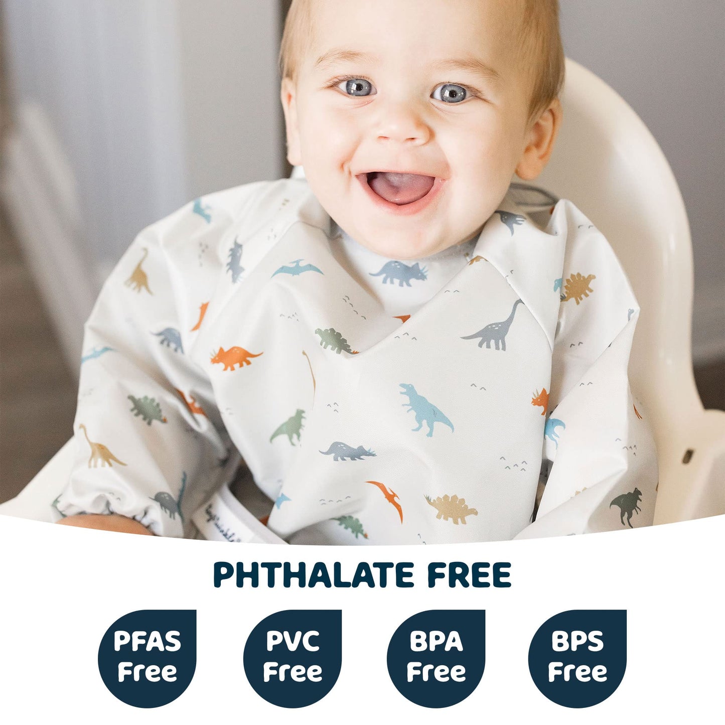 Tiny Twinkle Mess Proof Baby Bib,Waterproof Smock Baby Bib for Eating,Machine Washable Long Sleeve Bib,Baby Led Weaning,Toddler Bib,BLW Supplies(Dinosaur, Small 6-24 Months)