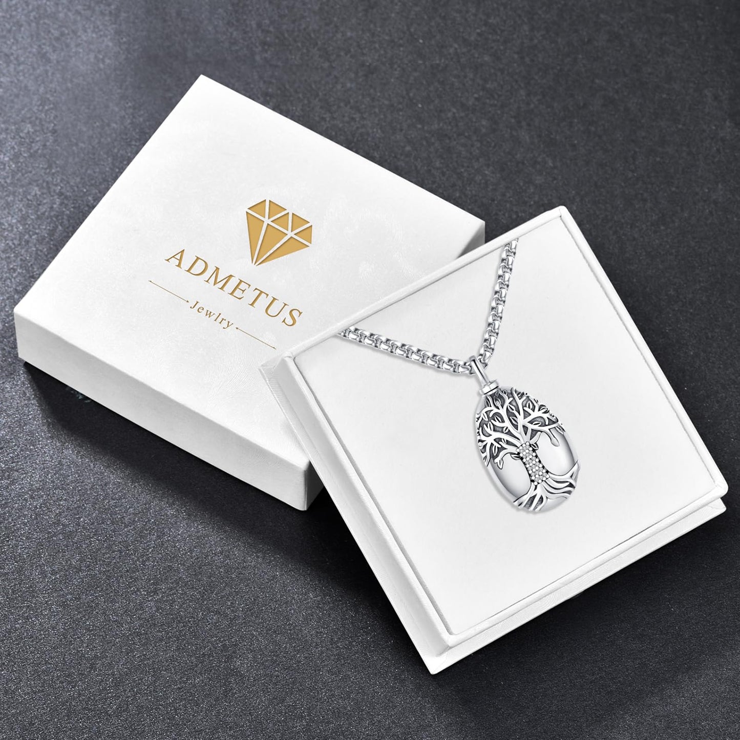 ADMETUS Urn Necklace for Ashes Sterling Silver Tree of Life Urn Pendant Jewelry Teardrop Cremation Jewelry for Ashes for Men Memorial Gifts