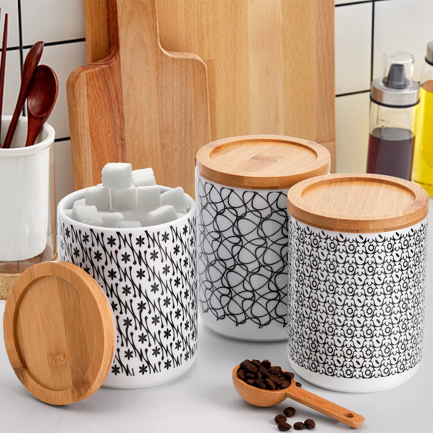 Yesland Ceramic Kitchen Canisters Set of 3, 24oz Airtight Food Storage Jars with Bamboo Lids, Round Coffee Tea Sugar Containers, Lead-Free Dishwasher Safe, Black Flower Pattern