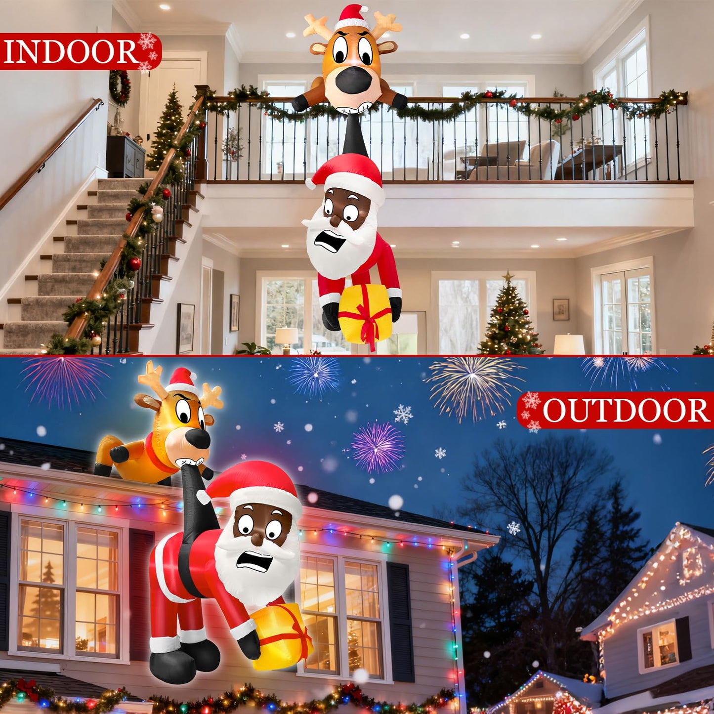 6 Ft Christmas Inflatable Reindeer & Climbing Black Santa Claus, Funny Hanging Outdoor Decoration with Built-in LED Light, Christmas Blow Up Yard Decor for Beam Roof Tree Indoor Home Party Lawn Decor