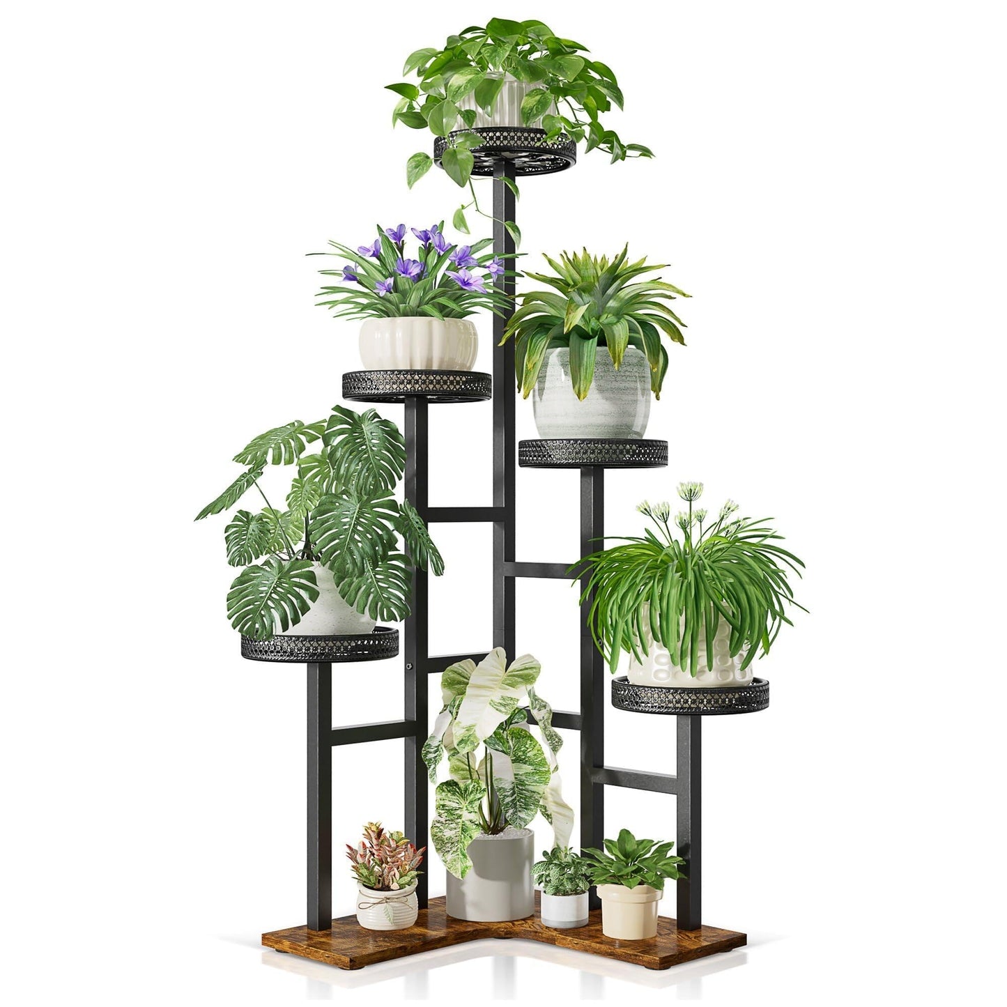 NQW Plant Stand 6 Tier Indoor Outdoor Metal Wood Flower Shelf Corner Flower Holders for Living Room Balcony Garden Patio