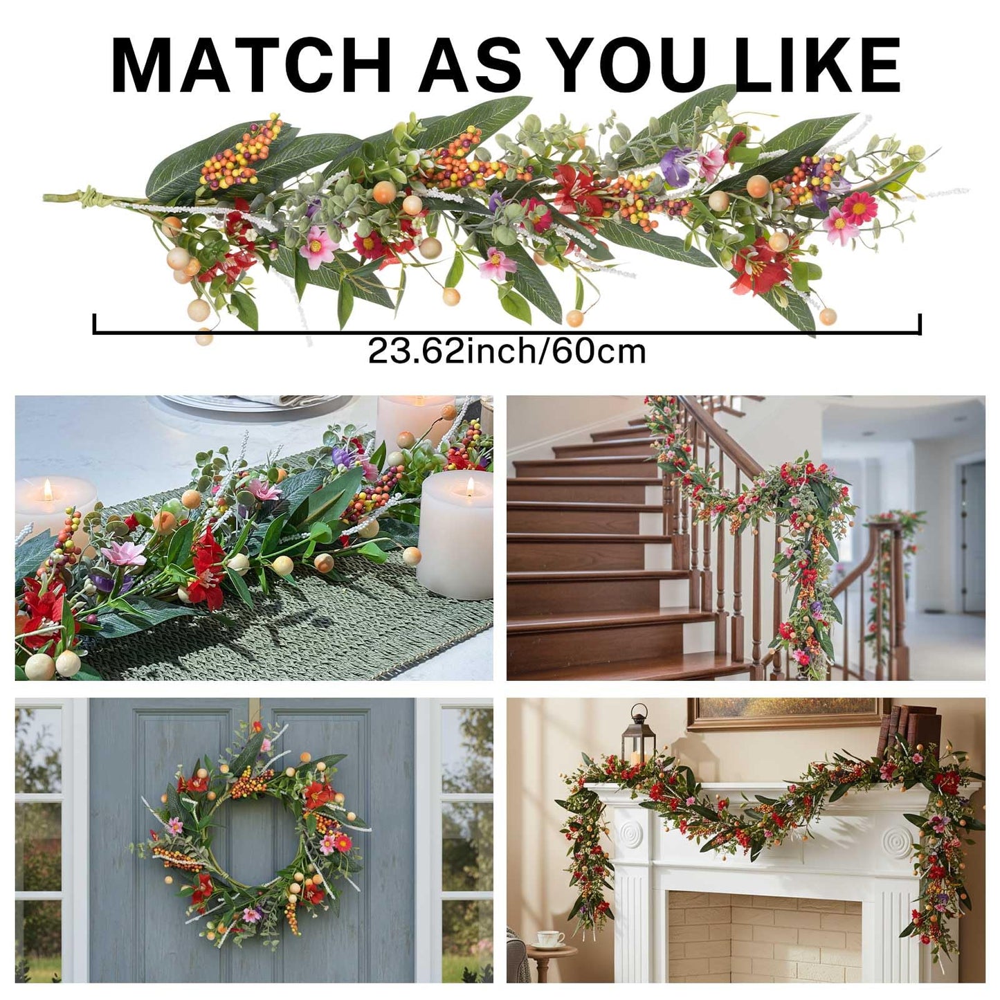 MOYEE Summer Centerpieces for Tables Wreath with Candle Holder,Candle Ring, Black Metal Candlestick with an Artificial Wreaths 14 in Versatile Dining Table Centrepiece (Red Flower Green Leaf Wreath)