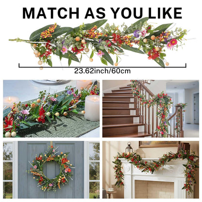 MOYEE Summer Centerpieces for Tables Wreath with Candle Holder,Candle Ring, Black Metal Candlestick with an Artificial Wreaths 14 in Versatile Dining Table Centrepiece (Red Flower Green Leaf Wreath)