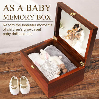 Large Wooden Keepsake Box with Hinged Lid and Photo Frame - Elegant Wedding Memory Box, Ideal for Photos, Letters, Time Capsules, Bride Gift, Decorative Storage，5.5“*8.6”*11.3“