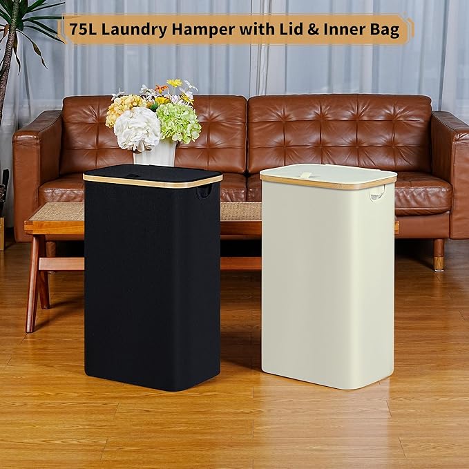 Slim Laundry Hamper, 75L Beige Narrow Laundry Basket