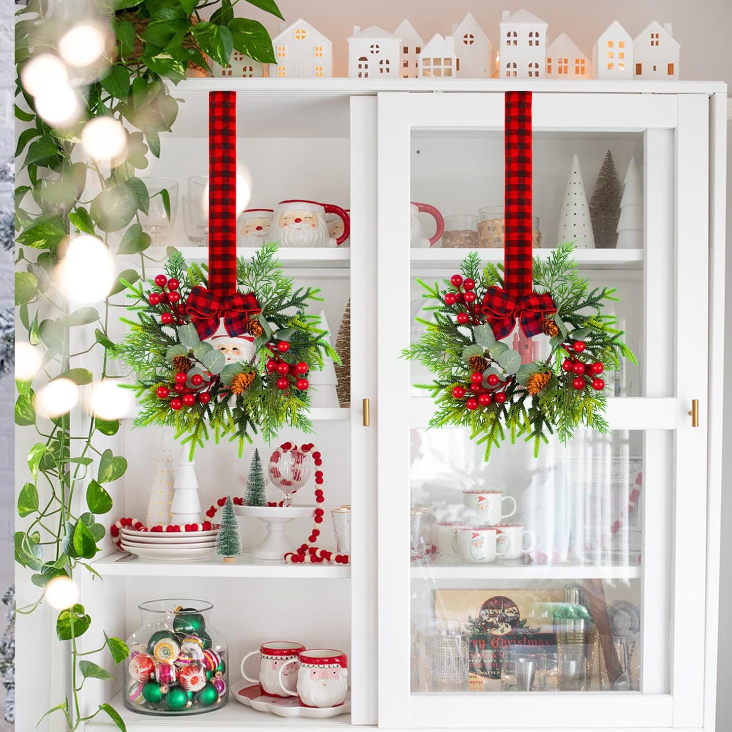Small Christmas Wreath - 2Pcs Mini Wreaths with Red Berry Pine Eucalyptus for Kitchen Window Decor Small Farmhouse Wreaths Garland for Indoor Home Cabinet Decorations