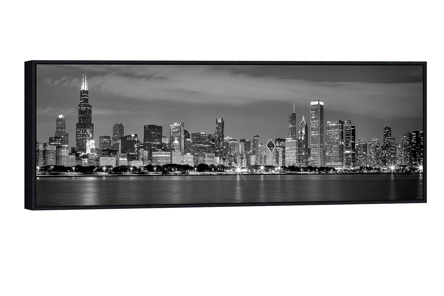 Wieco Art New York Manhattan Night View in Black and White Giclee Canvas Prints Modern Stretched and Framed Art work Cityscape Pictures Paintings on Canvas Wall Art for Bedroom Home Decorations