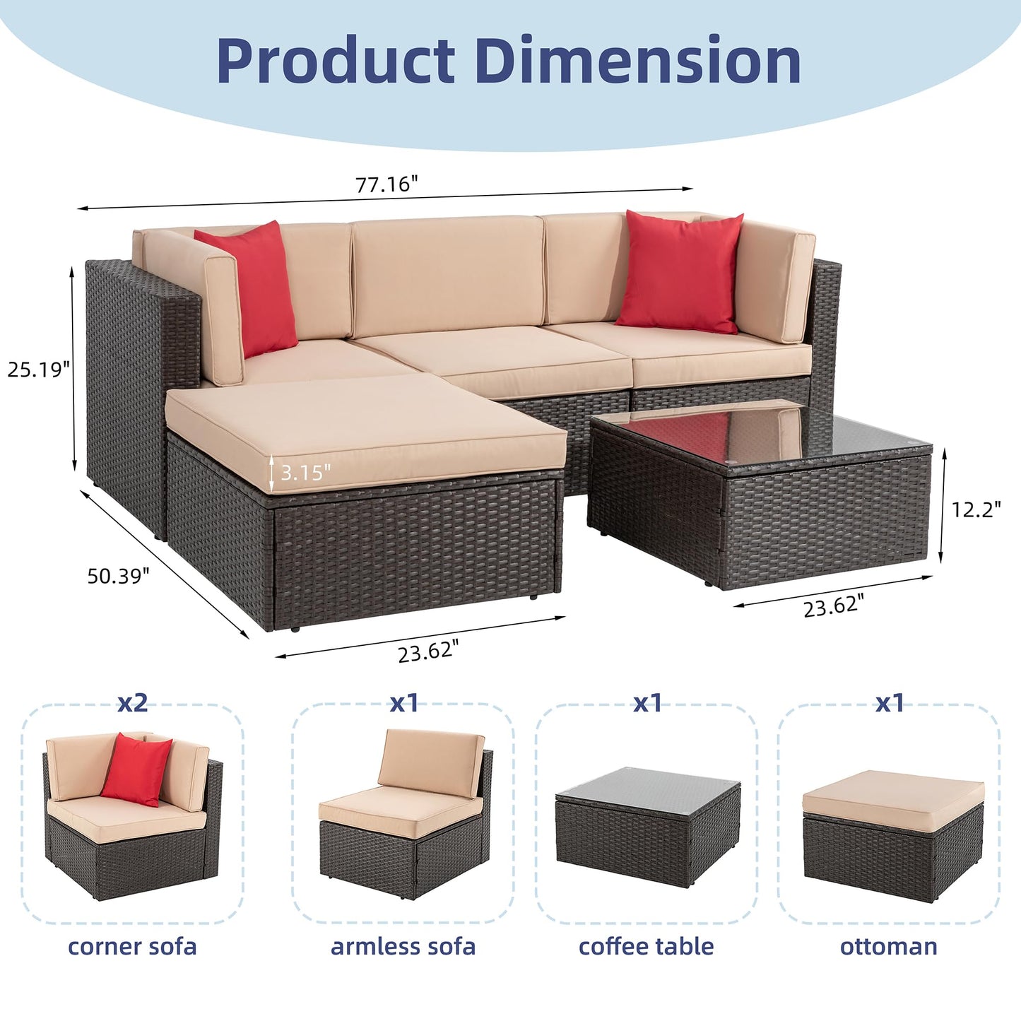 Vongrasig 6 Piece Patio Furniture Set with Fire Pit Table, Outdoor Conversation Sets Rattan Sectional Sofa with Coffee Table, 43 inch Propane Gas Firepit Table with Lid, Beige