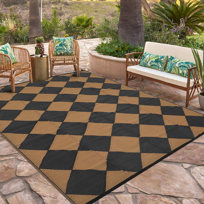 GarveeHome Outdoor Rug 9x18 ft Waterproof Mat Reversible Outdoor Plastic Straw Rug Patio Rug Camping Rug Portable Outdoor Mat for RV Porch Balcony Backyard Picnic Beach Black/Brown Diamond
